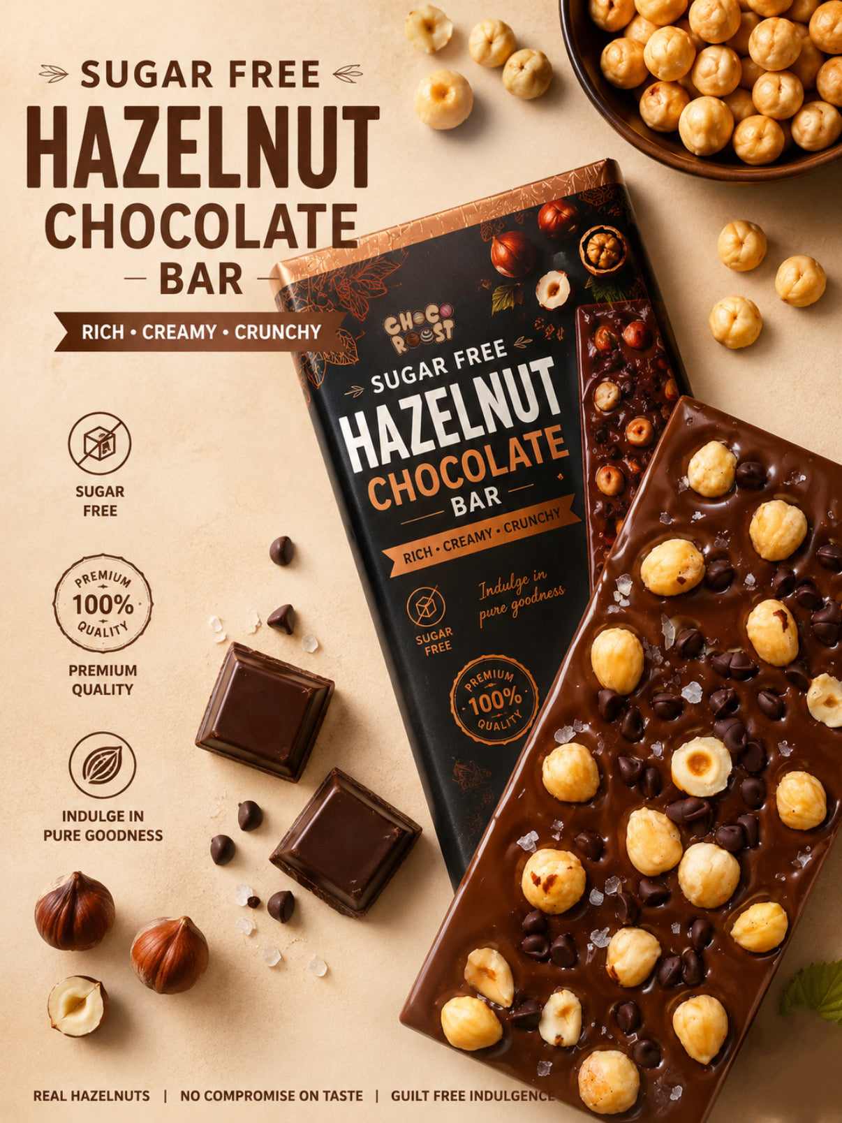 CRUNCHY HAZELNUT SUGAR FREE CHOCOLATE BAR